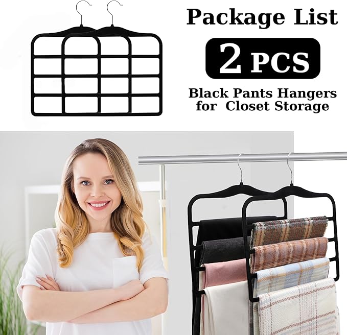 Closet Organizers and Storage, 2 Pack Pants-Hanger-Space-Saving, Velvet Clothes Organization Jeans Trousers Scarf Hangers for Pant-Rack, College-Dorm-Room Essentials for Students Girls Boys Guys