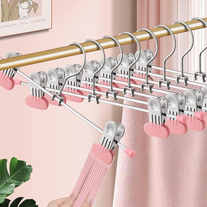 Pants Hangers with Wide Clips 30 Pack Adjustable Skirt Hangers for Women Non-Slip Clothes Hanger for Pants Heavy Duty Space Saving Trousers Hanger for Jeans,Shorts Pink 12Inch