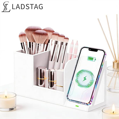 LADSTAG Makeup Brush Holder Organizer with Phone Charging Stand Leather Cosmetic Cup for Perfume, Nail Polish, Lipstick & Art Supplies | Vanity, Bathroom & Desktop Organizer