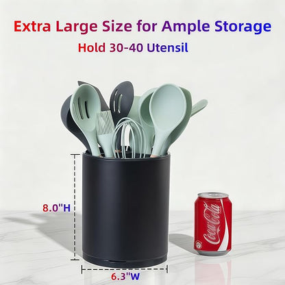 LIBODOUR Kitchen Utensil Holder Extra Large 360°Rotating For Counter Organizer Stainless Steel Storage Cooking Silverware Caddy 3 Compartment Flatware Spoon Spatula Tool Cutlery Container（Black）