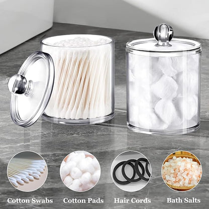 SheeChung 8 Pack Clear Acrylic Apothecary Jars with Labels,(4) 12oz & (4) 10oz Qtip Holder Set,Shatterproof Bathroom Vanity Organizer for Cotton Swabs,Balls,Pads,Bathroom Essentials,Minimalist Decor