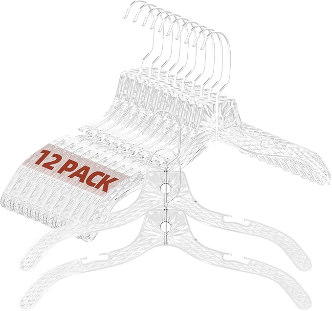 Clear Plastic Hangers 12 Pack, Durable Crystal Heavy Duty Clothes Hangers with Non-Slip Notches & 360° Swivel Hook, Space Saving, Ideal for Coats, Suits, Dresses, Shirts