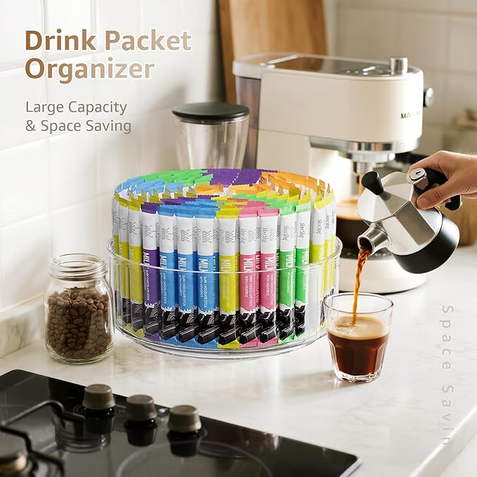 Divided Drink Packet Organizer, Largr Rotating Clear Lazy Susan Turntable for Powdered Drink Mix, Water Drink Packet Holder, Water Flavor Packet, Coffee, Tea – Space-Saving Countertop Organizer