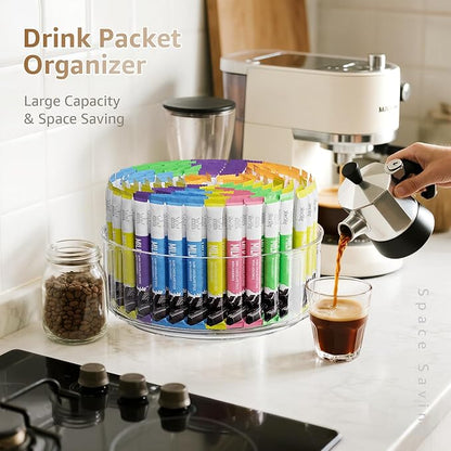 Divided Drink Packet Organizer, Largr Rotating Clear Lazy Susan Turntable for Powdered Drink Mix, Water Drink Packet Holder, Water Flavor Packet, Coffee, Tea – Space-Saving Countertop Organizer