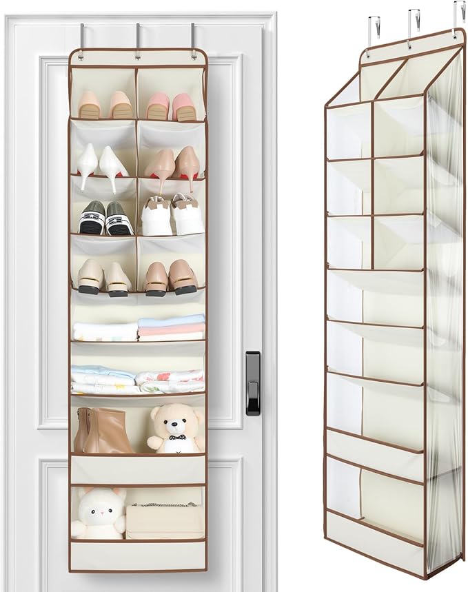 Yecaye Over the Door Shoe Organizer Hanging with Large Pockets, 8 Tier Back of Door Storage for Nursery, Closet and Bathroom, Partition Behind Door Organizers Shelf with Baby Clothes(1 Pack, Beige)