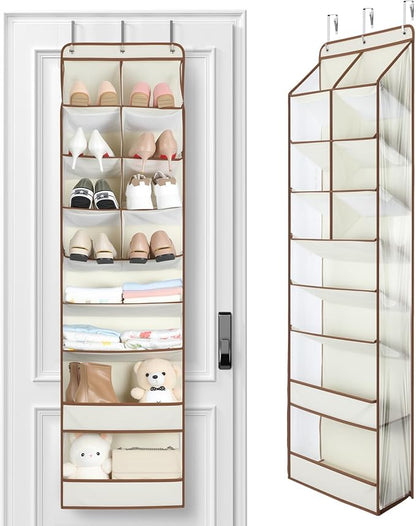 Yecaye Over the Door Shoe Organizer Hanging with Large Pockets, 8 Tier Back of Door Storage for Nursery, Closet and Bathroom, Partition Behind Door Organizers Shelf with Baby Clothes(1 Pack, Beige)
