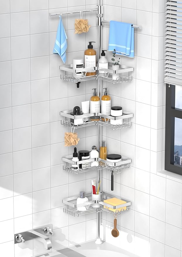KEGII Shower Caddy Tension Pole with 2 Towel Bars, Adjustable Corner Bathroom Organizer, Rustproof Bathtub Storage Shelves for Shampoo, 25–114.2 Inch Shower Rack for Renters & Family, Silver