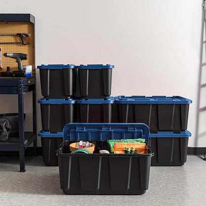 12 Gallon Rugged Plastic Storage Bins with Latching Lids - Stackable Heavy Duty Totes for Garage, Basement, Workshop, Camping and Home Organization, Black 4-Pack Utility Container Set