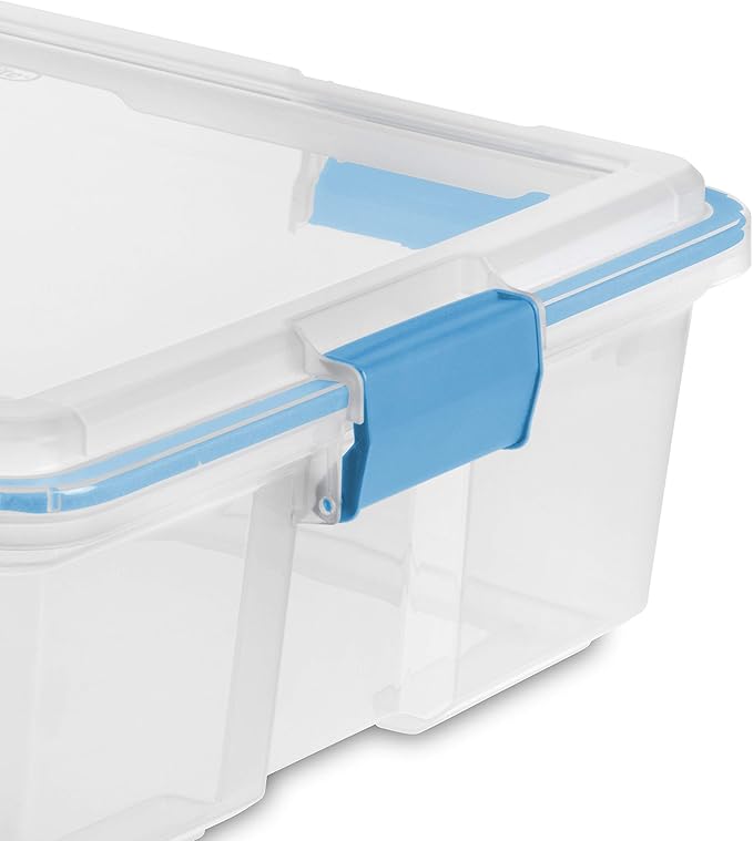Sterilite 37 Qt Gasket Box, Stackable Storage Bin with Latching Lid and Tight Seal, Plastic Container to Organize Underbed, Clear Base and Lid, 4-Pack