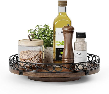 10" Lazy Susan Turntable Organizer for Table Top, Round Wooden Lazy Susan for Cabinet, Farmhouse Decorative Tray for Coffee Table, Kitchen Organizer Countertop, Center Piece Decor, Rustic Brown