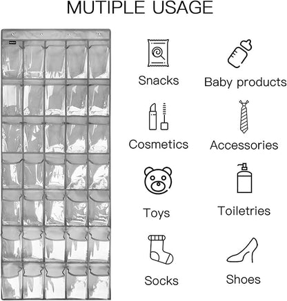 Clear Crystal 2 Pack 35 Pockets Large Hanging Shoe Organizer Over The Door Shoe Rack for Closet Door Storage Shoe Holder Hanger, 8Hooks, grey