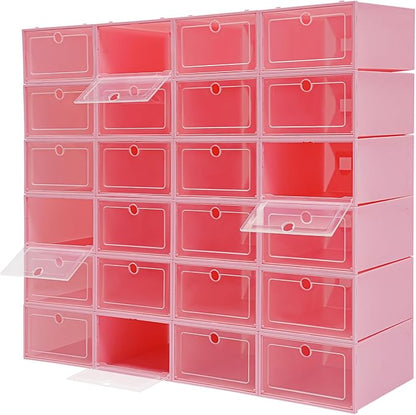 24 Pack Stackable Shoe Boxes with Clear Lids - Foldable Shoe Storage Organizer for Closet Cabinet, Color Options for Sneakers Flats Home Organization (Pink)