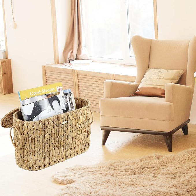 Toilet Paper Storage Basket with Lid, Water Hyacinth Slim Toilet Paper Holder - Holds Up to 6 Mega Rolls, Wicker Basket for Bathroom Accessories Decor Organizer
