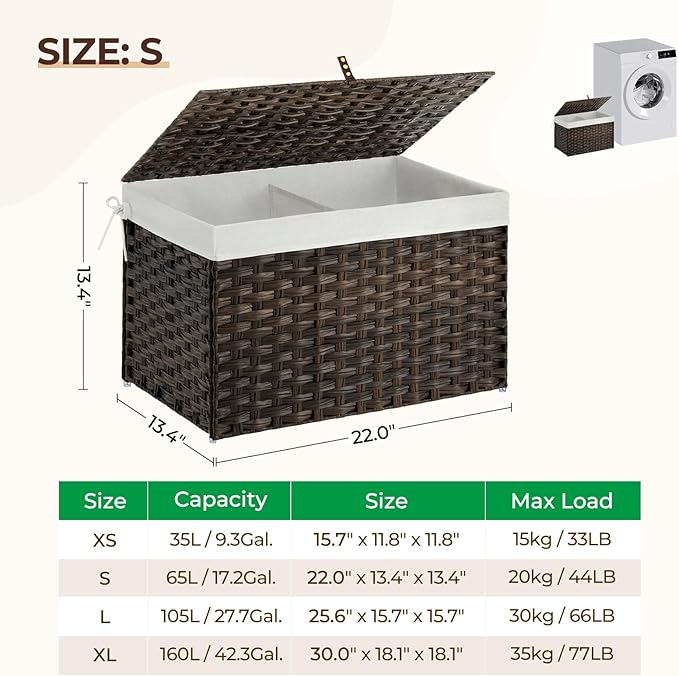 GREENSTELL Storage Basket with Lid, 17.2 Gallon(65L) Small Wicker Blanket Storage Basket with Handles, Foldable, 2 Removable Liner Bags, Metal Frame, for Bedroom, Laundry Room, Brown,22.2"*13.4"*13.4"