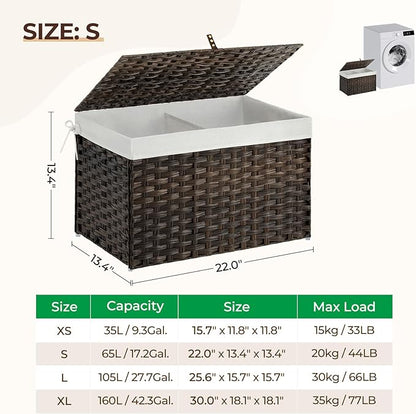 GREENSTELL Storage Basket with Lid, 17.2 Gallon(65L) Small Wicker Blanket Storage Basket with Handles, Foldable, 2 Removable Liner Bags, Metal Frame, for Bedroom, Laundry Room, Brown,22.2"*13.4"*13.4"