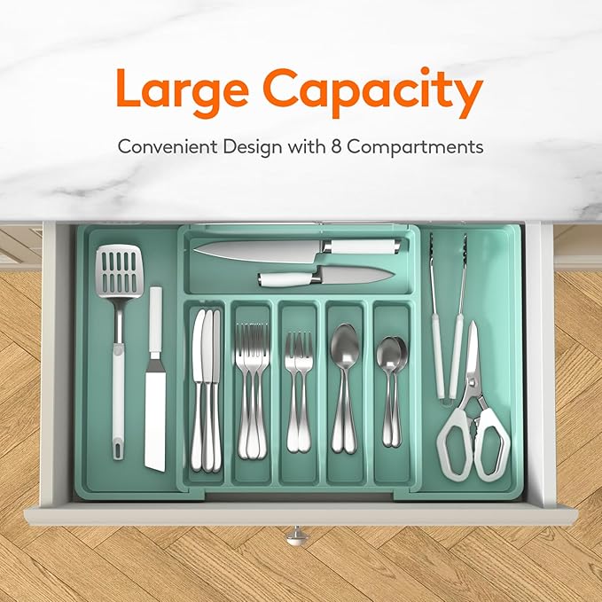 Lifewit Silverware Drawer Organizer, Expandable Utensil Tray for Kitchen, BPA Free Flatware and Cutlery Holder, Adjustable Plastic Storage for Spoons Forks Knives, 13-22 x 15", Turquoise