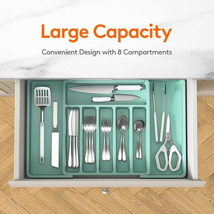 Lifewit Silverware Drawer Organizer, Expandable Utensil Tray for Kitchen, BPA Free Flatware and Cutlery Holder, Adjustable Plastic Storage for Spoons Forks Knives, 13-22 x 15", Turquoise