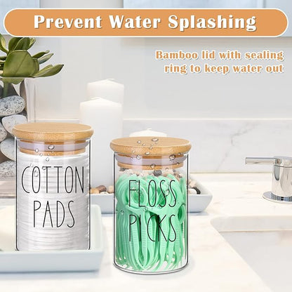 ROADPLUM Qtip Holder Bathroom Set, 4 Pack 10 oz Glass Bathroom Jars with Lid, Glass Organizers/Canisters/Apothecary Jars for Q-tip, Cotton Ball, Floss Pick and Makeup Storage