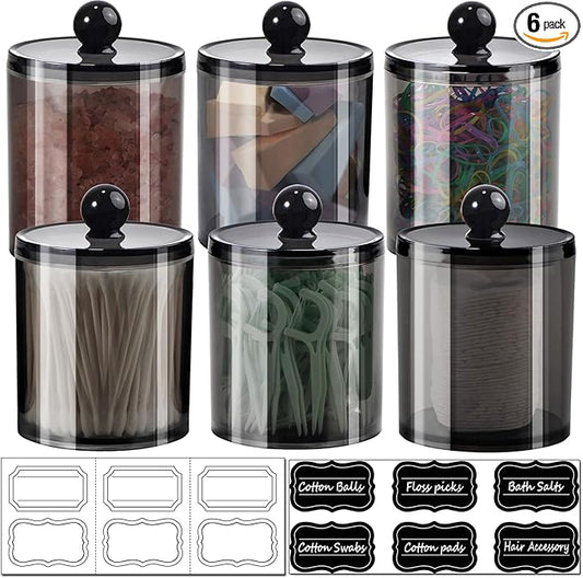 SheeChung 6 Pack Qtip Holder,Black Qtip Dispenser Apothecary Jars with Lids for Cotton Swabs,Balls,Pads,12oz & 10oz Acrylic Bathroom Organizer Set - Shatterproof Minimalist Clear Storage Canisters