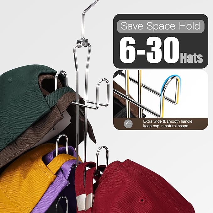 Hat Hanger 2pcs Metal Hat Storage For Baseball Caps,Rotatable Hat Organizer For Closet,Hat Rack With 6 Hooks Up to 30 Caps Hold,Silvery