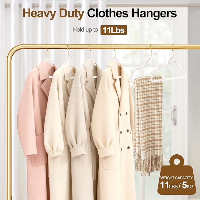 FUDESY Clear Plastic Hangers 50 Pack, Acrylic Clothes Hangers with Gold Glitter, Heavy Duty Hangers, Space Saving, Ultra Slim, 360° Swivel Hook, Non-Slip Notches, for Coats, Suits, Dress, Pants