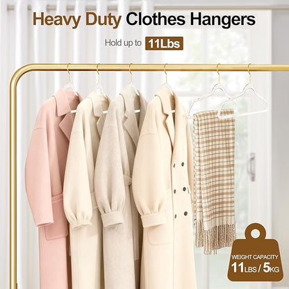FUDESY Clear Plastic Hangers 50 Pack, Acrylic Clothes Hangers with Gold Glitter, Heavy Duty Hangers, Space Saving, Ultra Slim, 360° Swivel Hook, Non-Slip Notches, for Coats, Suits, Dress, Pants