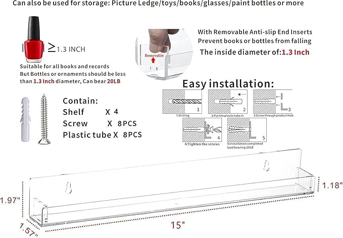 Cq acrylic Nail Polish Shelf for Wall,15 Inch 4 Pack Hanging Clear Nail Polish Wall Organizer Shelves for Nail Salon Wall Essential Oil Shelf,Gel Fingernail Polish Holder and Tattoo Studio Decor Paint
