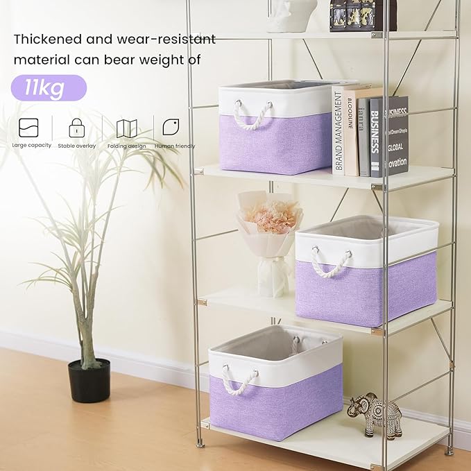 Large Storage Baskets- 15x11x10 inch Storage Bins for Shelves and Closet Organizing, Foldable Fabric Bin for Home Organization Clothes and Laundry (3-Pack, White&Purple)