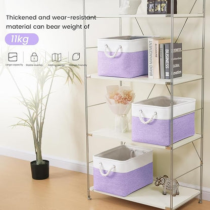 Large Storage Baskets- 15x11x10 inch Storage Bins for Shelves and Closet Organizing, Foldable Fabric Bin for Home Organization Clothes and Laundry (3-Pack, White&Purple)