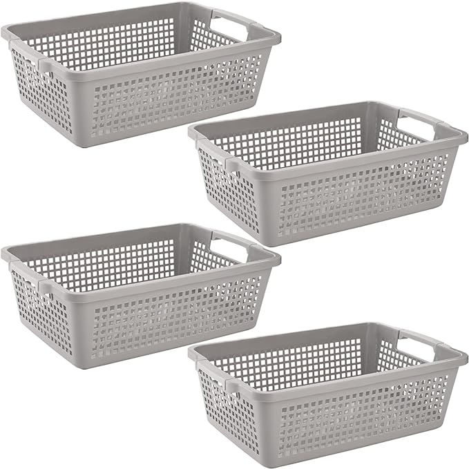 Hedume 4 Pack Plastic Storage Baskets with Handle, 15”x9.8”x4.7” Pantry Storage Bins, Closet Baskets, Large Organization Basket for Nursery, School, Office
