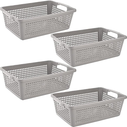 Hedume 4 Pack Plastic Storage Baskets with Handle, 15”x9.8”x4.7” Pantry Storage Bins, Closet Baskets, Large Organization Basket for Nursery, School, Office