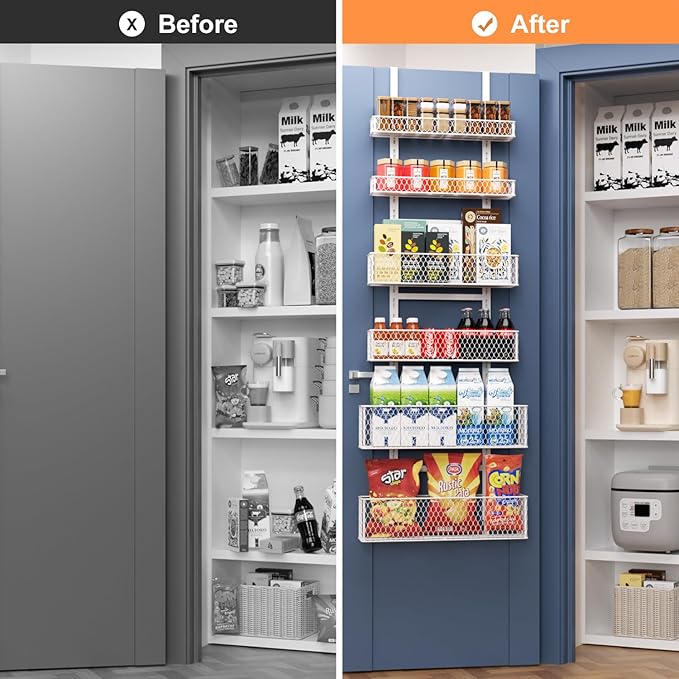 Bunoxea 6-Tier Over The Door Pantry Organizer,Hanging Spice Rack with Adjustable Basket,Over Door Racks,Pantry Organization And Storage, Laundry Room,Bathroom,Large Capacity,D5.3xW15.7xH60.9in