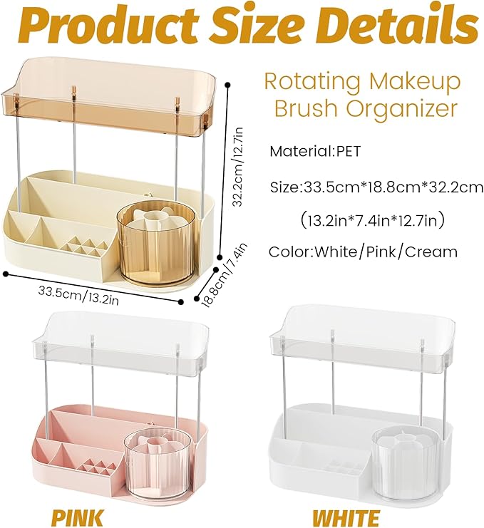 DASITON Large Capacity Makeup Organizer with 360° Rotating Makeup Brush Holder, Perfume and Skincare Storage Organizers for Vanity Bathroom Countertop, Cosmetic Display Case (Cream, 2 Tier)