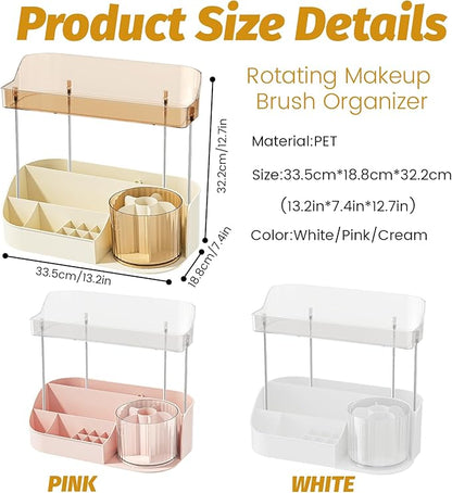 DASITON Large Capacity Makeup Organizer with 360° Rotating Makeup Brush Holder, Perfume and Skincare Storage Organizers for Vanity Bathroom Countertop, Cosmetic Display Case (Cream, 2 Tier)