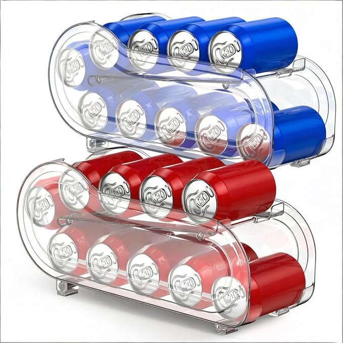 2 Pack Auto-Rolling Soda Can Organizer for Refrigerator/Fridge, Upgraded Soda Can Dispenser & Holder for Pantry Storage 10 Standard Size 12oz/ 11.2oz/ 355ml/ 330ml Drink Short Cans (Clear)
