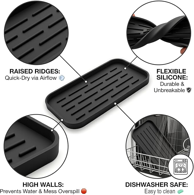 Silicone Organizer Tray, Soap and Sponge Holder for Kitchen Sink, Bathroom - Storage Tray for Dish Brush, Soap Dispenser, Dishwashing Accessories-(Black 1 Pack, 10"x5.3")