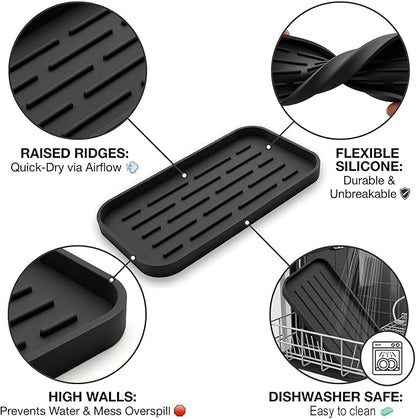 Silicone Organizer Tray, Soap and Sponge Holder for Kitchen Sink, Bathroom - Storage Tray for Dish Brush, Soap Dispenser, Dishwashing Accessories-(Black 1 Pack, 10"x5.3")