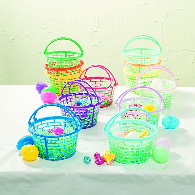 Fun Express Easter Baskets Bulk Set of 12 - Small Colorful Plastic Round Baskets for Easter Egg Hunts, Party Favors & Classroom Activities | Mini Pastel Buckets for Kids - Basket Size