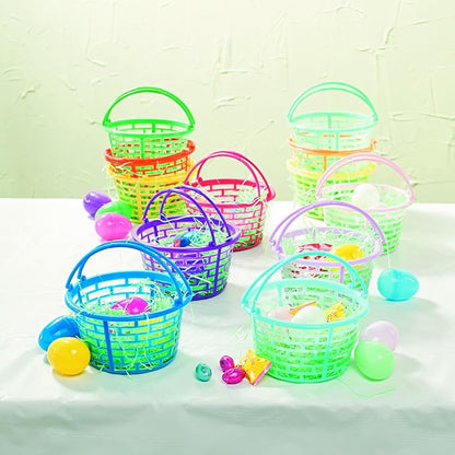 Fun Express Easter Baskets Bulk Set of 12 - Small Colorful Plastic Round Baskets for Easter Egg Hunts, Party Favors & Classroom Activities | Mini Pastel Buckets for Kids - Basket Size