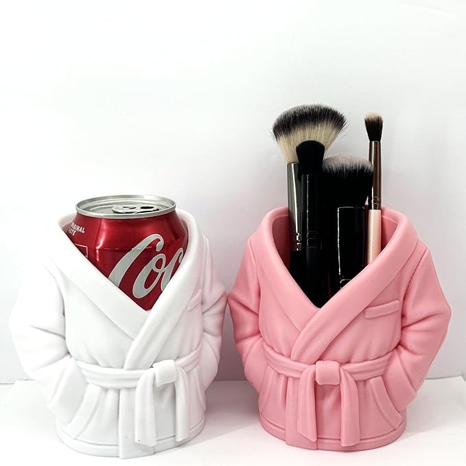 2pcs Bathrobe can holder for Beer & Soda, 4.75" 3D Printed Bath Robe Can Holder, Unique Beer Holder, Spa Day Novelty Gift, Housewarming Present NO CAN or BRUSHES INCLUDED (WHIT E & PINK)