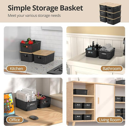 Plastic Storage Bins with Bamboo Lids, Stackable Small Box Baskets for Organizing and Containers for Shelves Drawers Desktop Closet Pantry Classroom Office Home, 6 Pack 10.2x7.2x4.1 Inch, Black