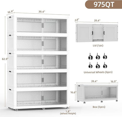 SAILUN 400Gal Extra Large Stackable Storage Bins with a Lid, Collapsible Storage Bins With Doors and Wheels, Foldable Storage Cabinet for Garage Closet Organization, White, 5Pack 39.4" W