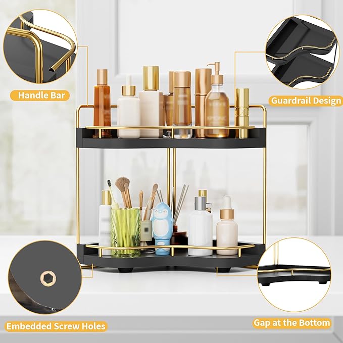 2-Tier Corner Bathroom Counter Organizer with Embedded Screw Holes, Secure & Stable Wood Vanity Shelf for Makeup and Skincare Essentials - Space Saving Bathroom Countertop Storage, Black Gold