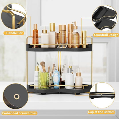 2-Tier Corner Bathroom Counter Organizer with Embedded Screw Holes, Secure & Stable Wood Vanity Shelf for Makeup and Skincare Essentials - Space Saving Bathroom Countertop Storage, Black Gold