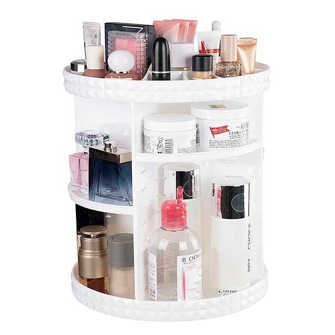 V-HANVER 360 Rotating Makeup Organizer Perfume Organizer White Cosmetic Storage Display Case Large Capacity Acrylic Beauty Holder Adjustable Partition Height for Bedroom Dresser or Bathroom Vanity