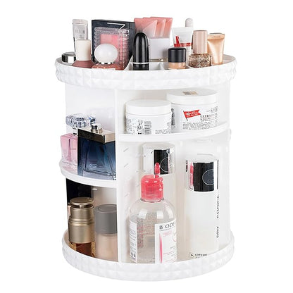 V-HANVER 360 Rotating Makeup Organizer Perfume Organizer White Cosmetic Storage Display Case Large Capacity Acrylic Beauty Holder Adjustable Partition Height for Bedroom Dresser or Bathroom Vanity