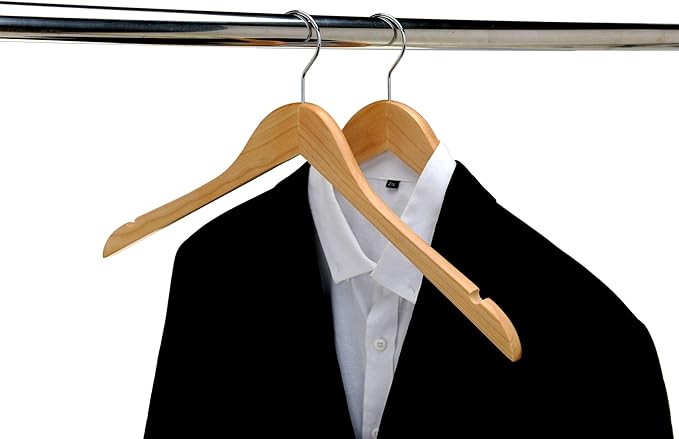 Quality Hangers Semi Curved Wooden Suit Hangers, 80-Pack Smooth Finish Solid Wood Coat Hanger with Swivel Hook, Jacket, Pant, Dress Clothes Hangers (Natural - Chrome Hook)