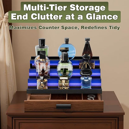 Perfume Cologne Organizer for Men: with LED Light 4 Tier Wooden Perfumes Stand, Desktop Parfum Holder Wood Display Shelf with Cabinet, Bedroom Makeup Lotion Jewelry Storage Rack with Drawer