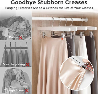 HOUSE DAY Premium Wooden Pants Hangers 25 Pack, Solid Lotus Wood Skirt Hangers with 2-Adjustable Clips, Heavy Duty & Anti Slip Wood Bottom Hanger for Slacks, Jeans, Trousers, Shorts (White)