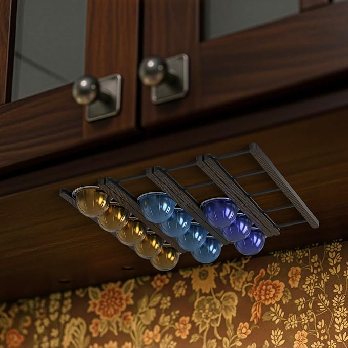 Adhesive Coffee Pod Holder for Nespresso VertuoLine, Holds 20 Capsules - Wall or Cabinet Mounted Coffee Capsule Rack with Strong 3M Adhesive Strips, Vertical or Horizontal Mount